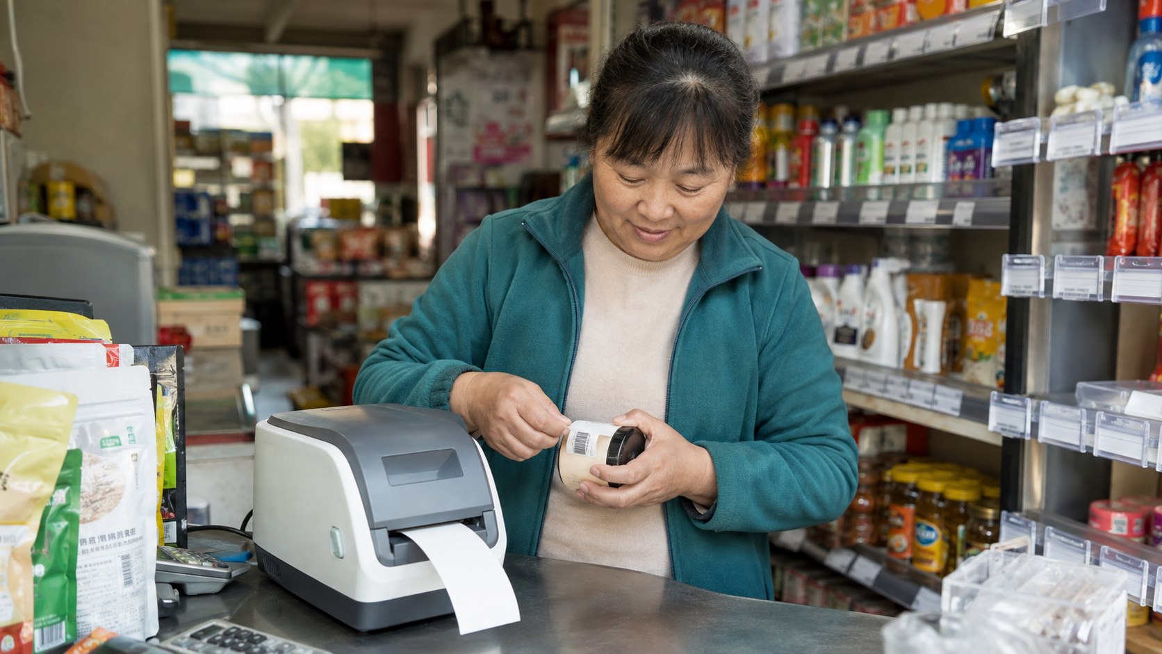 小型零售店老板使用标签打印机制作商品价签