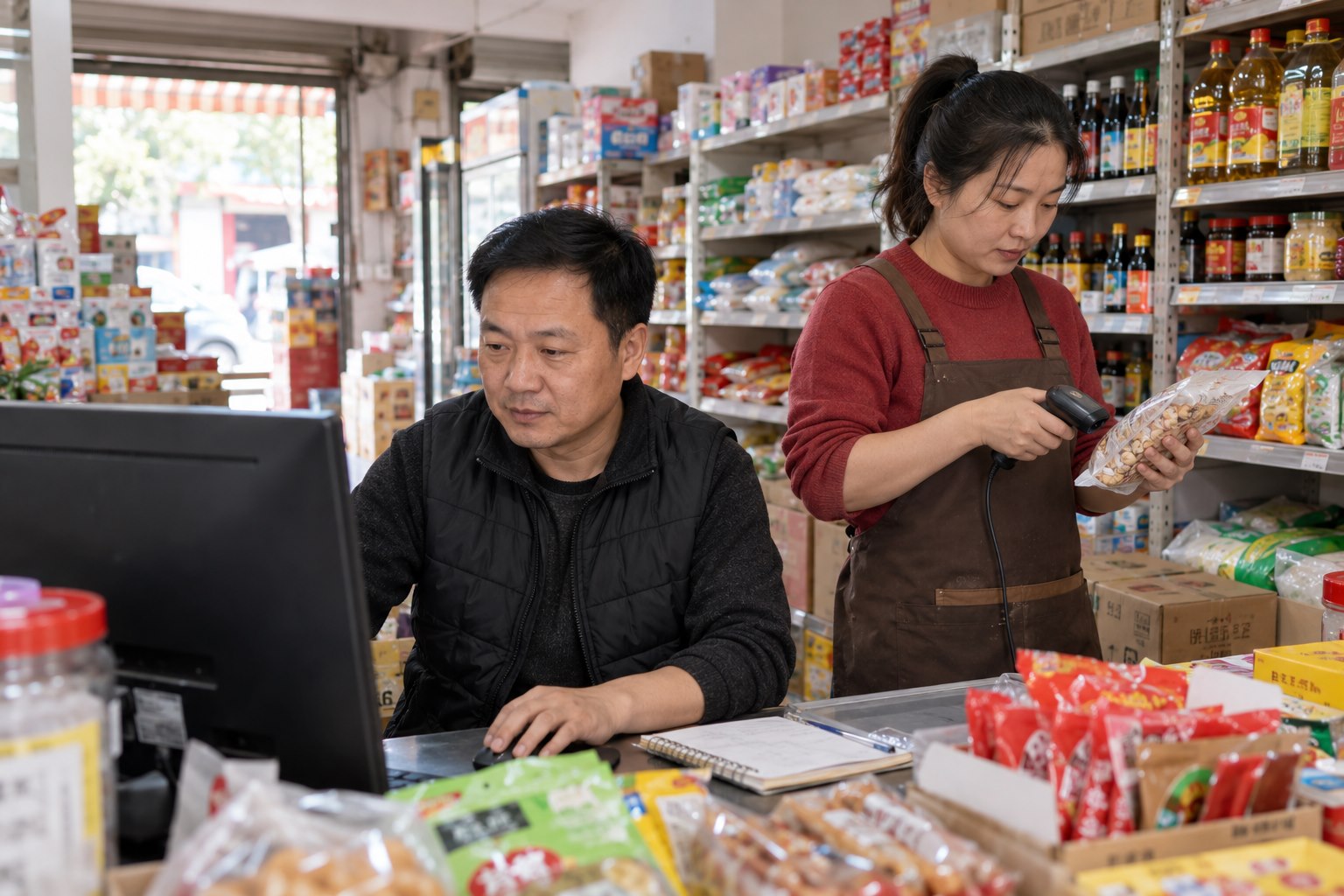 小微批零店老板和员工在柜台用电脑与扫码枪核对商品