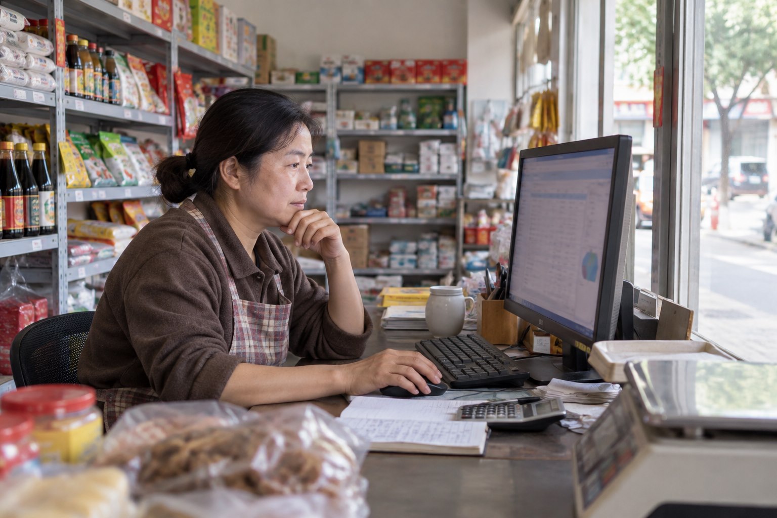 小微个体户在店内使用电脑管理商品与库存