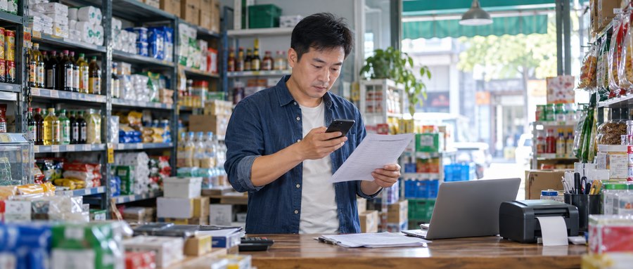 个体商户在店内用手机核对订单和库存