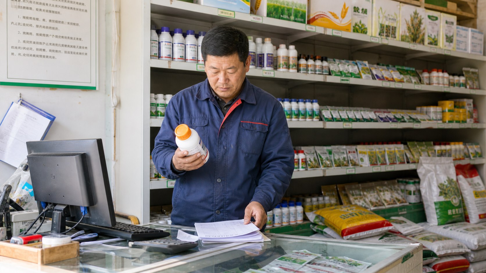 农资农药门店老板核对商品与库存