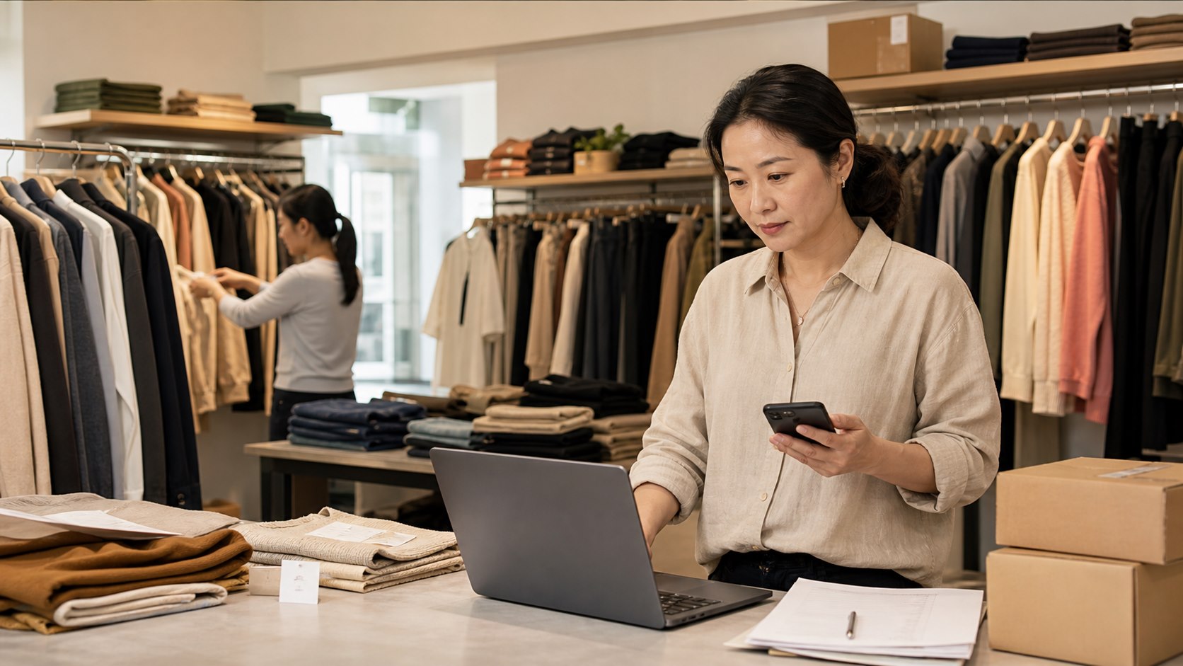 服装店老板使用电脑和手机管理商品库存