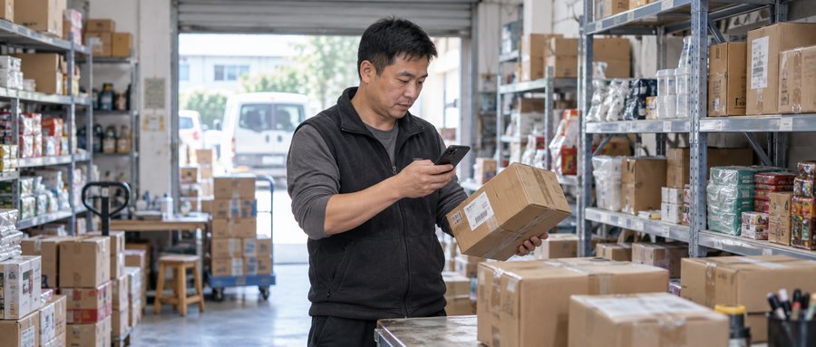 小微商户老板在仓库用手机核对出入库