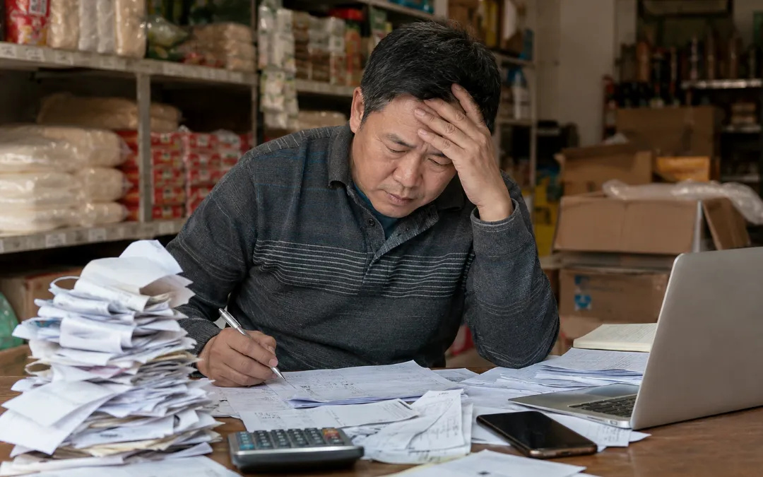 个体老板手工整理账目和单据