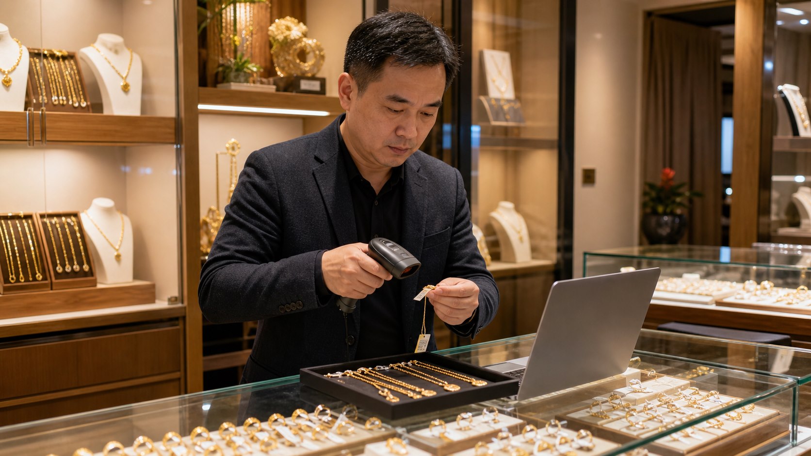 珠宝店老板使用扫码设备核对商品标签