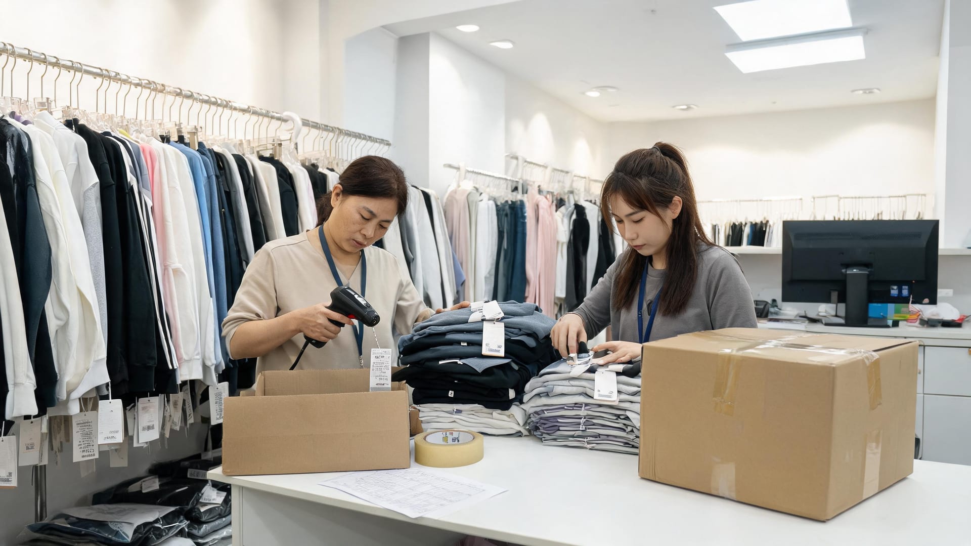 服装门店店员扫码吊牌并整理服装出货