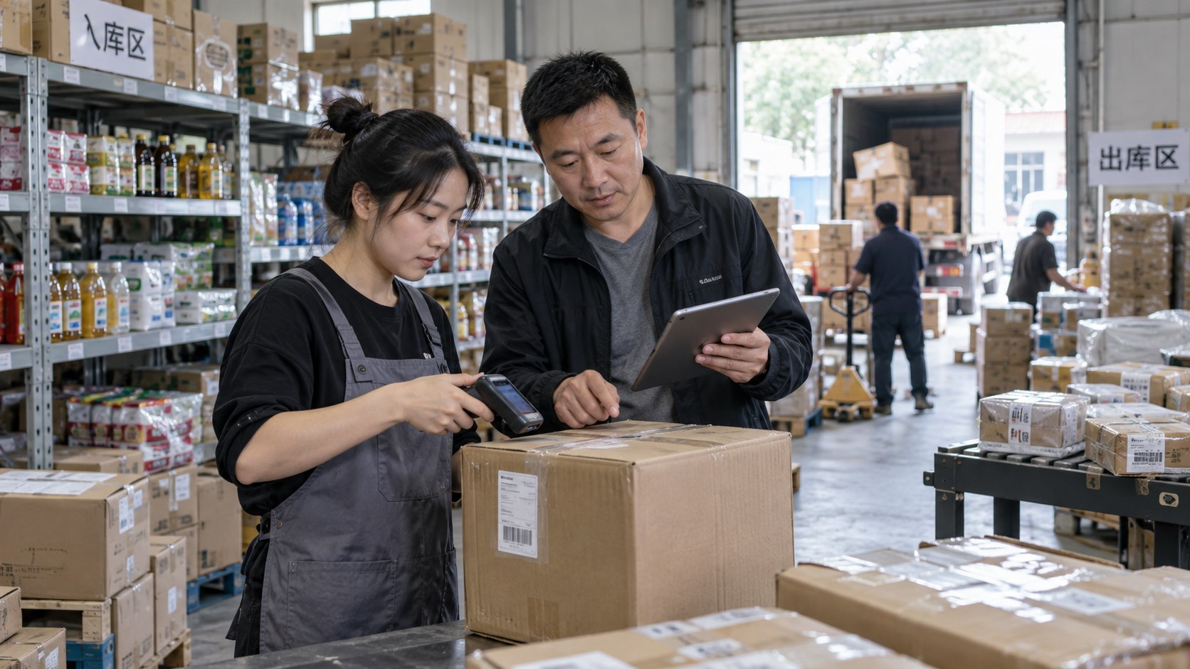 小微商贸老板与仓库员工扫描纸箱并核对出入库数据