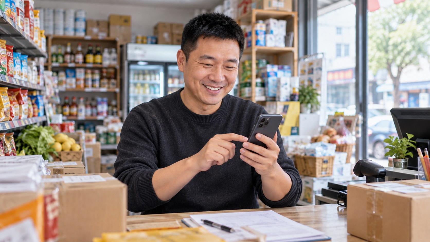 个体户在门店用手机管理微信小程序商城