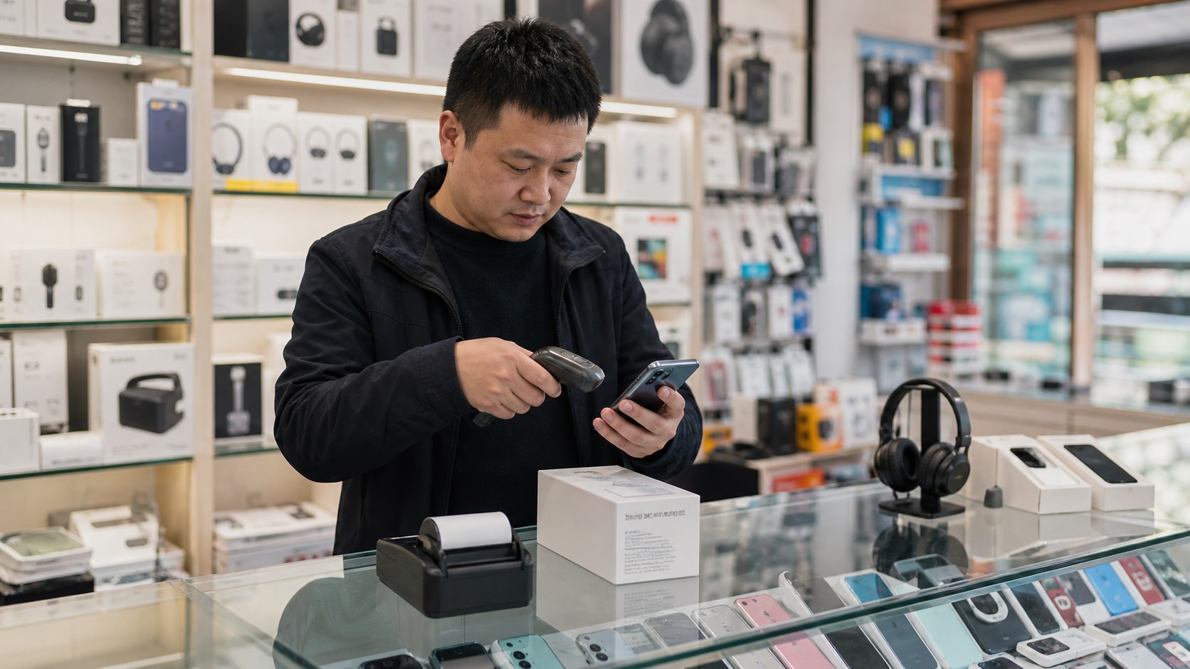 数码家电门店老板扫描商品序列号