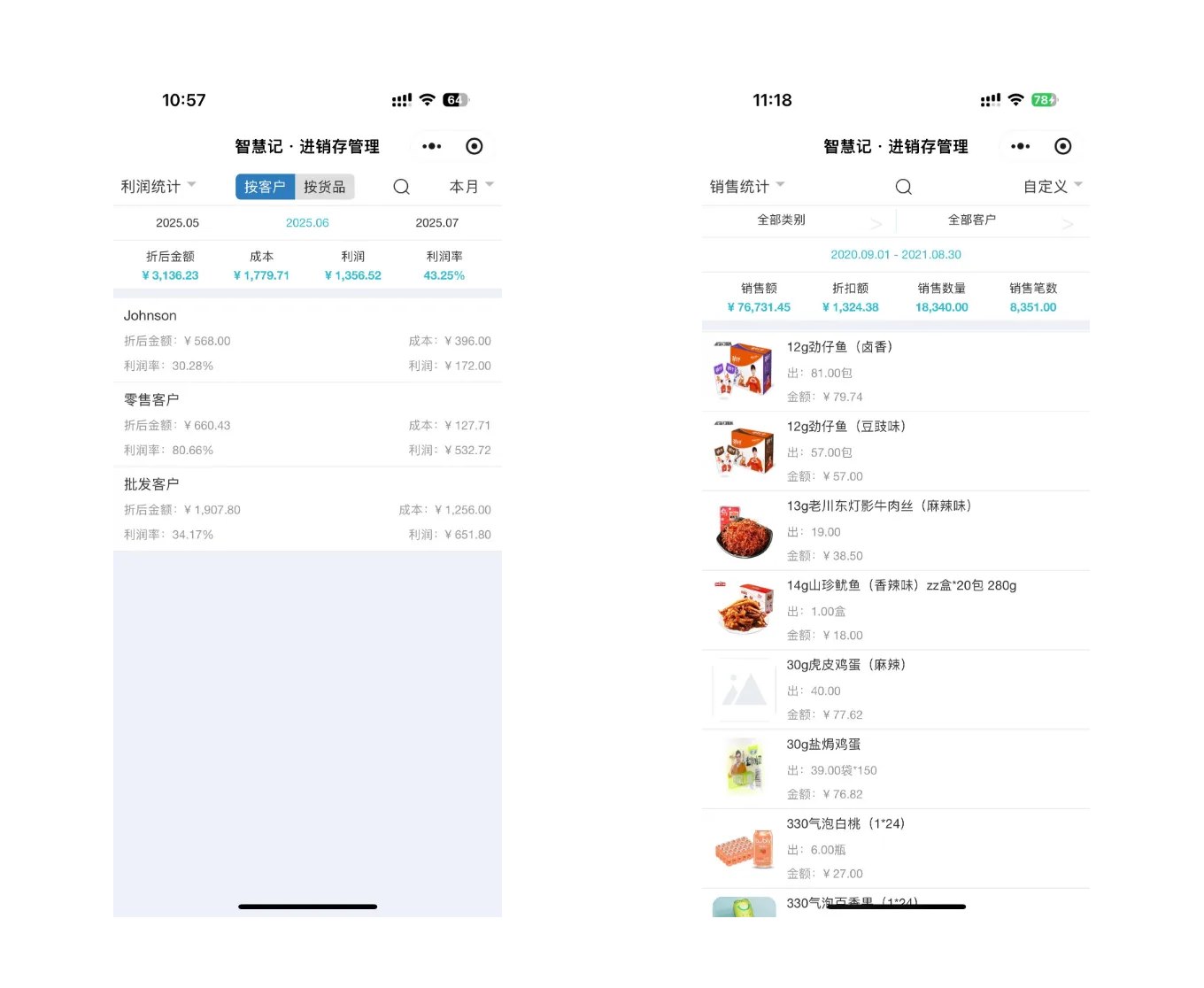 智慧记进销存利润与销售分析界面