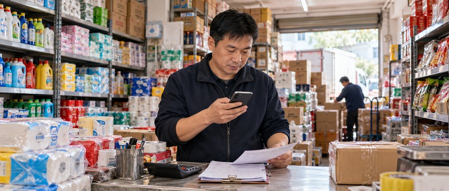 批发店老板在仓库核对订单和库存